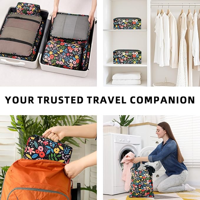 BAGAIL 8 Set Packing Cubes Luggage Packing Organizers for Travel Accessories-Black Floral