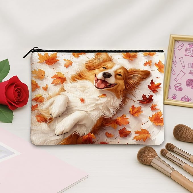 Fall Rough Collie Dog Makeup Bag, Cute Autumn Maple Leaf Printed Cosmetic Travel Pouch for Women Girls, Pet Portable Small Canvas Zipper Organizer 7x9 Inch