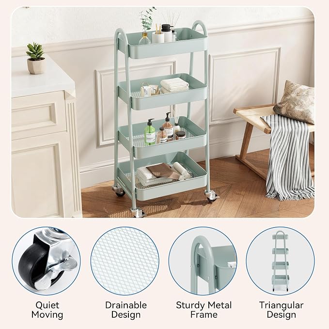 OLIXIS Metal 4 Tiers Rolling Storage Utility Cart with Lockable Wheels | Mobile Organizer Shelf, Space-Saving, Freestanding, Bathroom, Living Room, Slim, Narrow Corner Spaces, Green