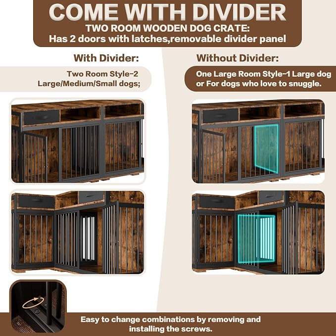 Corner Dog Crate Furniture,67" Metal Frame L Shaped Double Dog Crate Kennel with Divider and 2 Fabric Drawers TV Stand Large Breed Indoor for 2 Dogs Rustic Brown