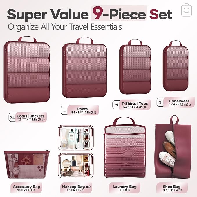 Veken 9/11 Set Compression Packing Cubes Garment Bags for Travel Essentials,Compressible Expandable Luggage Organizer Bags for Clothing,Space Saver Bags with Over 1000 pcs of Mesh Holes(Wine Red)