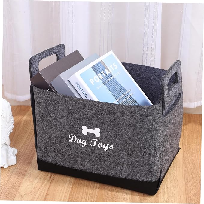 Mobestech Dog Toy Storage Basket Felt Pet Toy Organizer Two Side Handles Thick Material for Easy Use Versatile for Living Room Bedroom and Outdoor Activities