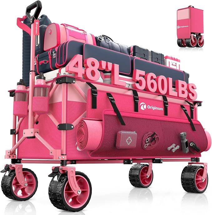 Originsure 300L Beach Wagons Carts Foldable with Big Wheels, 560lbs, Pink | 48" Folding Utility Wagon,7" All-Terrain Wheels,Heavy Duty Frame,Compact&Space-Saving,for Camping,Sports,Grocery,Garden