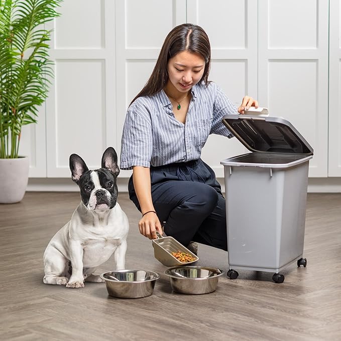 IRIS USA Dog Food Storage Container, Up to 30 lbs, Gray/Dark Gray | Made in the USA, Comes w/ Wheels & 2-Cup Scoop, Airtight Seal, BPA-Free, Kibbles, Bird Seed, Cat food, Cat Litter, Pellets
