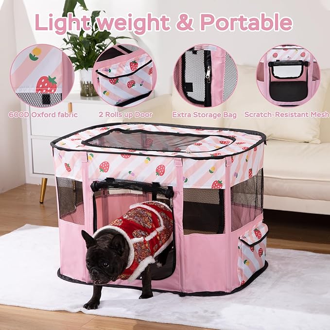 XRG Foldable Pet Playpen,Indoor Cat cage Puppy Crates M(31.5"x23.6"x21.7") | Portable Cat Kennel with Upgrade Breathable Mesh，Sturdy Kitten Playpen Indoor & Outdoor for Rabbit or Small Animals，Pink