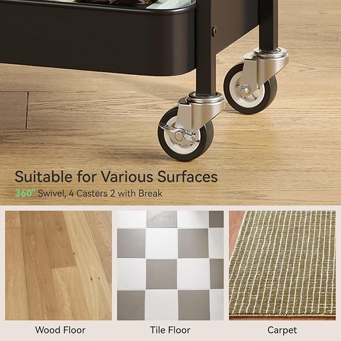 Nunsino 3 Tier Rolling Cart,Utility Cart with Locking Wheels, Hanging Cups & Hooks, Heavy Duty Metal Storage Organizer Cart for Kitchen,Office, Bathroom,Craft Room,Black