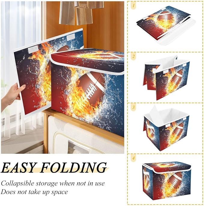 Fabric Storage Bins with Lid Football Fire Water Closet Storage Basket 40L | Decorative Storage Boxes, Dust-Proof Flip Top, Reinforced Handles, For Home & Bedroom, Clothes & Toy Box, Oxford Fabric Print
