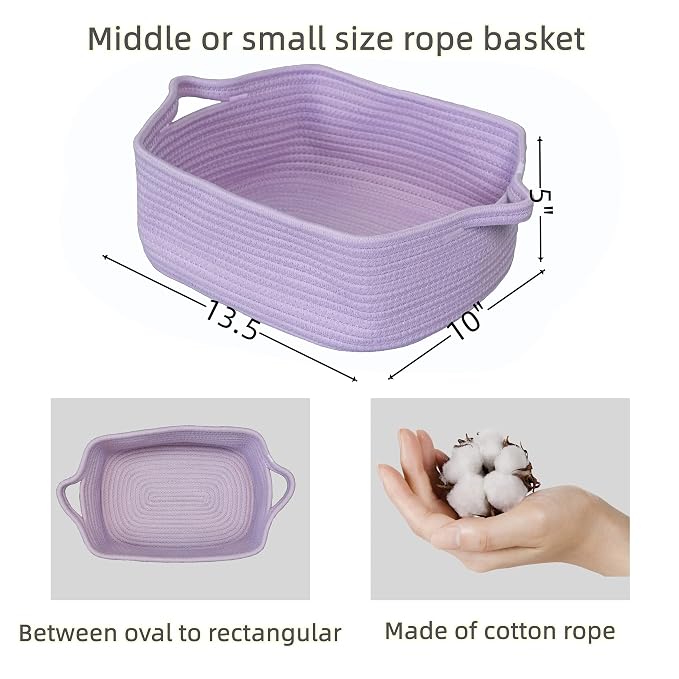 XUANGUO Medium Woven Cotton Rope Storage Basket with Handles, Light Purple | Small decorative rectangle storage bin for baby nursery items and cat toys; ideal as an empty gift basket or dog toy basket