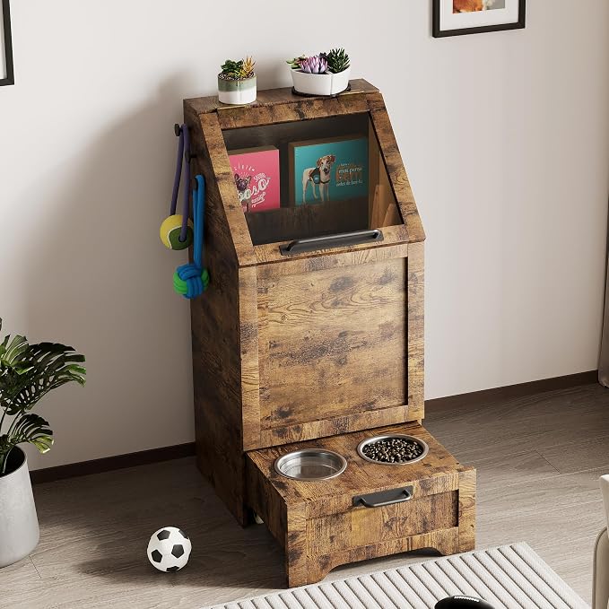 Top Opening Dog Feeding Station, Wooden Dog Food Storage Cabinet with 2 Elevated Dog Bowls, 3 Hooks, Hidden Design, Large Pet Food Storage and Feeding Station for Dogs, Cats, Retro