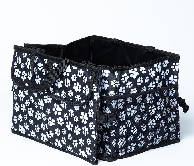 GreaterGood Collapsible Paw Print Car Trunk Organizer with 6 Pockets Truck SUV and Sedan Caddy With Compartment Vehicle Storage Container (Paws Galore - Black & White)