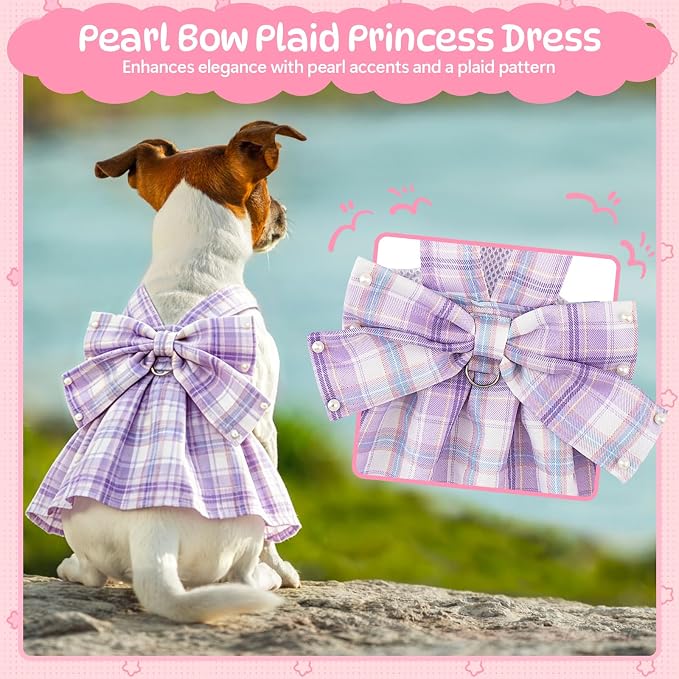 Coppthinktu Plaid Dog Dresses for Small Dogs Girl Bowknot Harness Leash Set