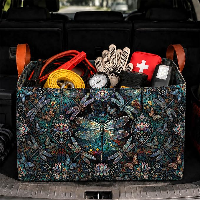 Dragonfly Car Trunk Organizer 20L Fold Auto Storage Basket with Handles | Waterproof Soft Storage Chest,Shopping Grocery Bags Rectangle Fabric Bins Storage Box for Car SUV,Dragonfly Gifts for Driver