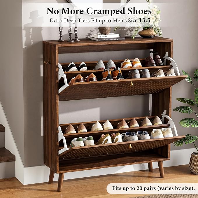 Mid-Century Modern Slim Shoe Cabinet for Entryway, 9.5" Narrow Shoe Storage Cabinet with Architectural Arched Fluted Front, Entryway Shoe Storage with Adjustable Shelves,Classic Walnut