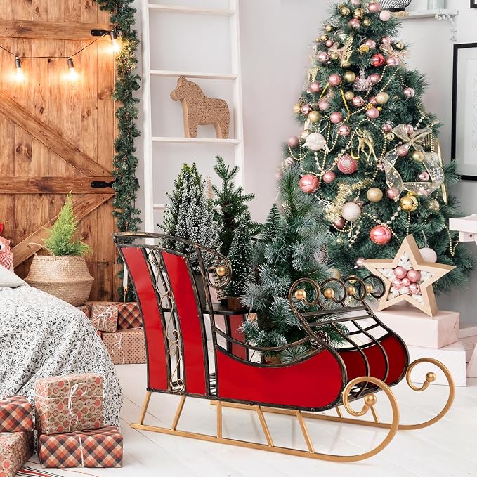 Metal Santa Sleigh, Christmas Santa Sleigh Basket w/ 2-Tier Storage Shelf Big Loading Area for Gifts, Reindeer Outdoor Decoration for Indoor Holiday Decor Lawn Yard Home Pets Trailer Party