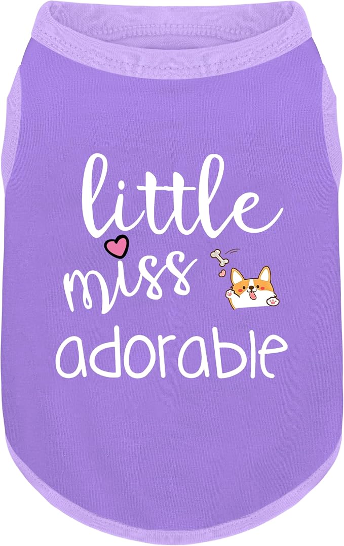 Cotton Dog Shirt with 'Little Miss Adorable' Corgi Head Print, Soft & Breathable Pet Apparel for Small, Medium, and Large Dogs, All-Season Sleeveless Vest, Cute and Comfortable Dog Outfit.Purple L
