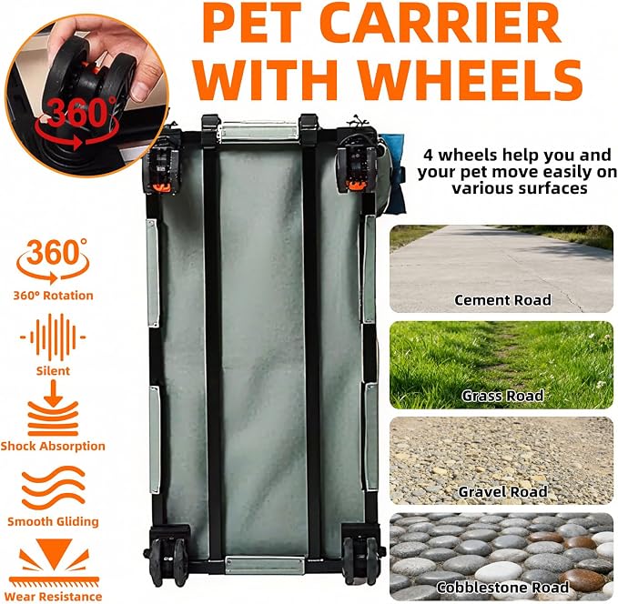 Large Cat Carrier with Wheels for 2 Cat, Double Rolling Pets Carrier on Wheel, Foldable Soft-Sided Carriers with Telescopic Handle, for Small Dogs Travel Bag for Outdoor Hiking Camping