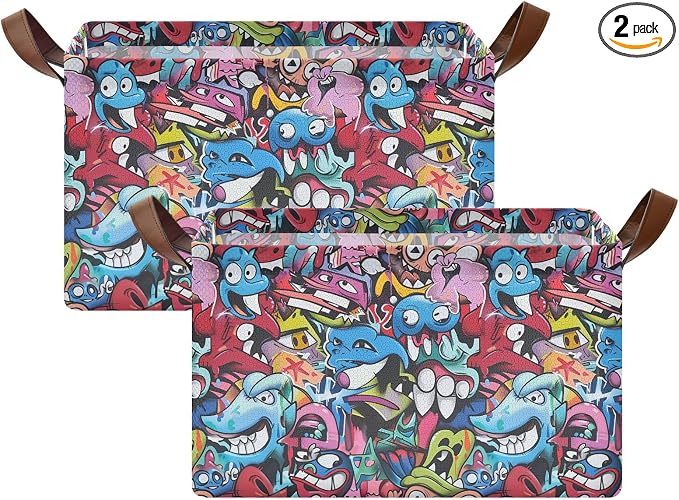 Abstract Grunge Graffiti Monster Baby Storage Basket with Labels&Handles Rectangular Waterproof Nursery Storage Bins Collapsible Shelf Organizer Baskets for Kids Books Cloth Gift Toys Laundry, 2 Pack