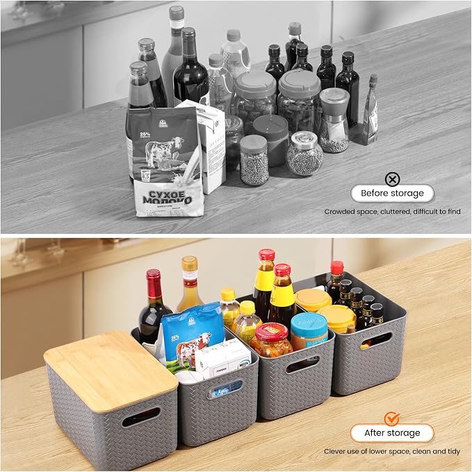 Ohmlove 4 Pack Storage Bins with Bamboo Lids,Stackable Box for Organization | Plastic Storage Containers with Handle, Storages Baskets for Organizing Desktop Closet Playroom Classroom Office, Gray