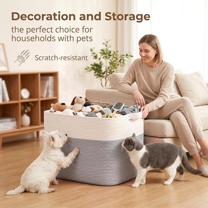 OIASKET 108L Cotton Rope Storage Basket for Living Room and Bedroom 25"x16"x16" Woven Laundry Basket, Heavy Duty Bin for Blankets, Pillows & Toys, Pet-Safe & Scratch-Free, Grey and White