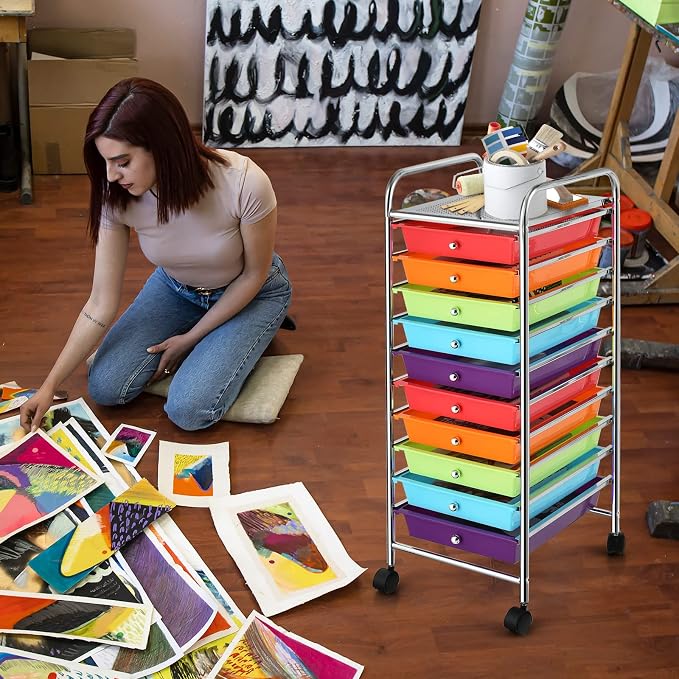 10 Drawer Rolling Storage Cart, Organization Cart with Drawers for Craft Makeup Paper Tool Art Supply, Versatile Utility Cart on Wheels for Home Office Classroom School (Multicolor)