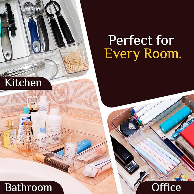 40 PCS Clear Drawer Organizer Set, BPA-Free PET Plastic Trays with Non-Slip Pads, Nesting Storage Organizers for Kitchen Drawer, Bathroom, Vanity Makeup, Office Desk