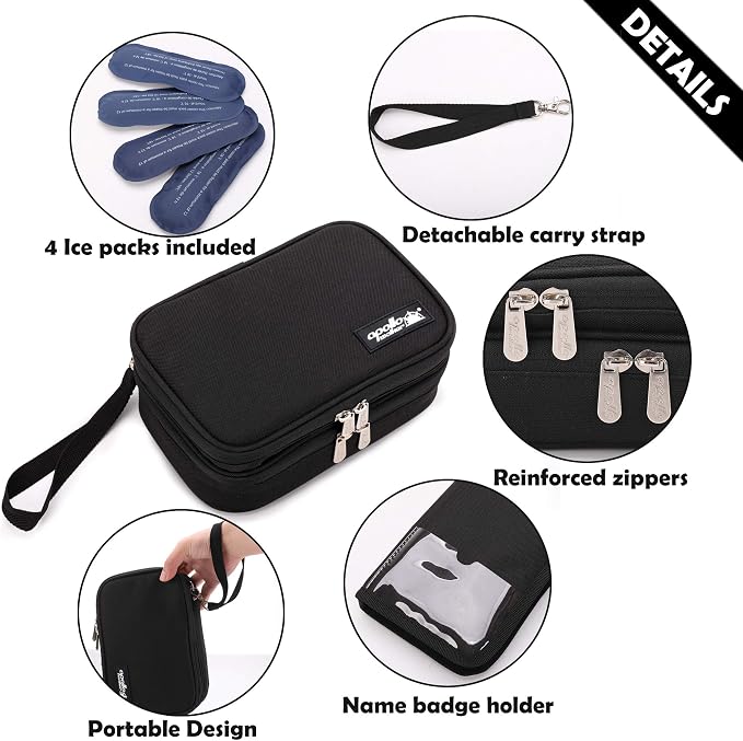 apollo walker Insulin Cooler Travel Case with Ice Packs and Insulation | TSA Approved Includes 2 x 90g ice packs for 9-hour cooling insulin pens & syringes for Diabetics to Carry (Black)
