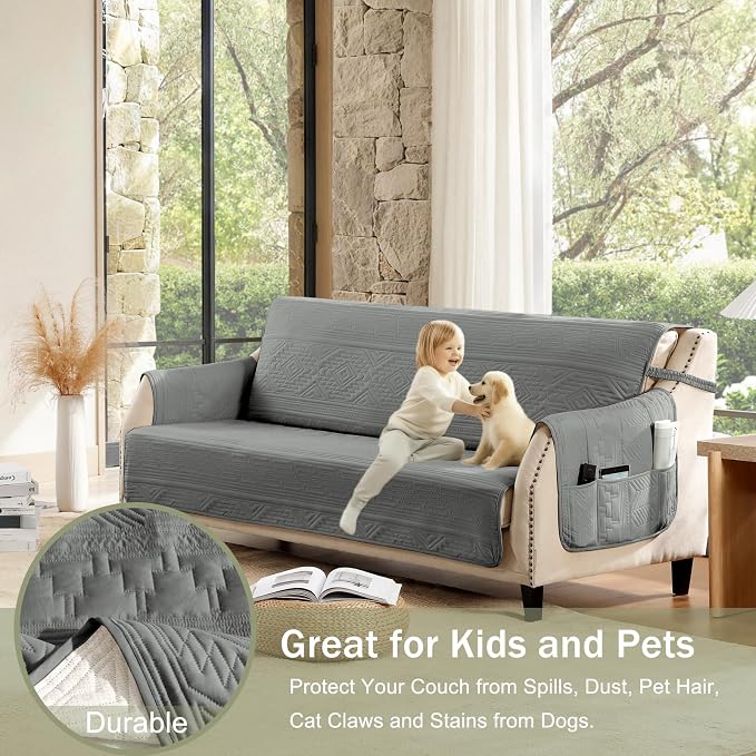 Boho Gray Loveseat Covers for 2 Cushion Couch, Water-Repellent Aztec Covers for Love Seat, Washable Quilted Couch Covers, Pet Friendly Loveseat Slipcovers (Loveseat 48", Gray)