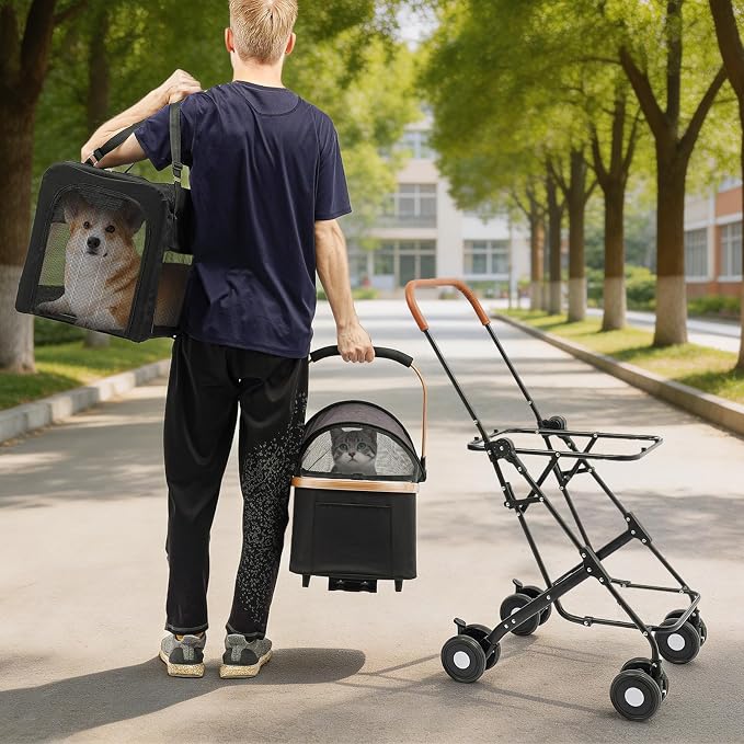 2-Tier Pet Stroller for Two Dogs Cats, Double Carrier 3-in-1 Foldable,77lbs | Heavy Duty Oxford Fabric & Steel, Breathable Mesh, Storage Bag, Modern Black, Easy Folding, Outdoor Travel Cart