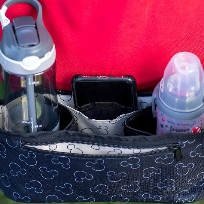 J.L. Childress Disney Baby Cargo N Drinks Stroller Organizer Caddy, Mickey | Essential baby travel accessory with two cup holders & organization pockets, fits UPPAbaby, Doona, Nuna & all other strollers