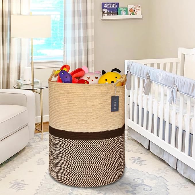 COMSE Tall Woven Blanket & Laundry Basket, 72L, Blend Brown & Black | 15.7”x 21.7”, Cotton Rope, Large Nursery Hamper for Storage of Toys Clothes Towels, Great for Living Rooms Bedrooms Bathrooms