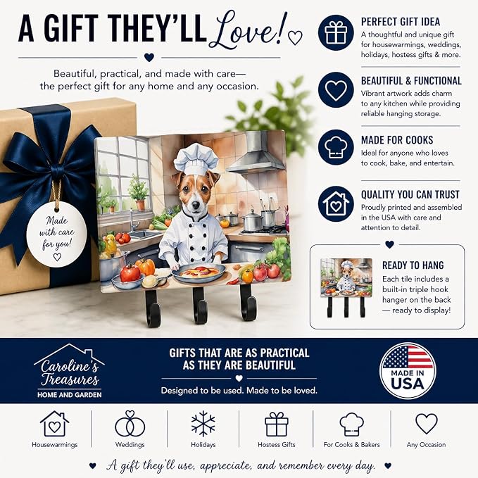 Caroline's Treasures Jack Russell Terrier The Chef Leash or Key Holder Wall Hooks, Key Hooks Holder, Coat Rack Wall Mount, Coat Hooks, Hooks for Hanging Keys, Towels, Aprons, Leashes | Jack Russell Terrier The Chef artwork on ceramic tile with three st...