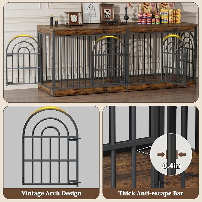 EasyCom 72" Wooden Double Dog Crate Furniture for 1-2 Dogs | Removable Divider, Retro Round Door, Fits Medium & Large Dogs, End Table TV Stand
