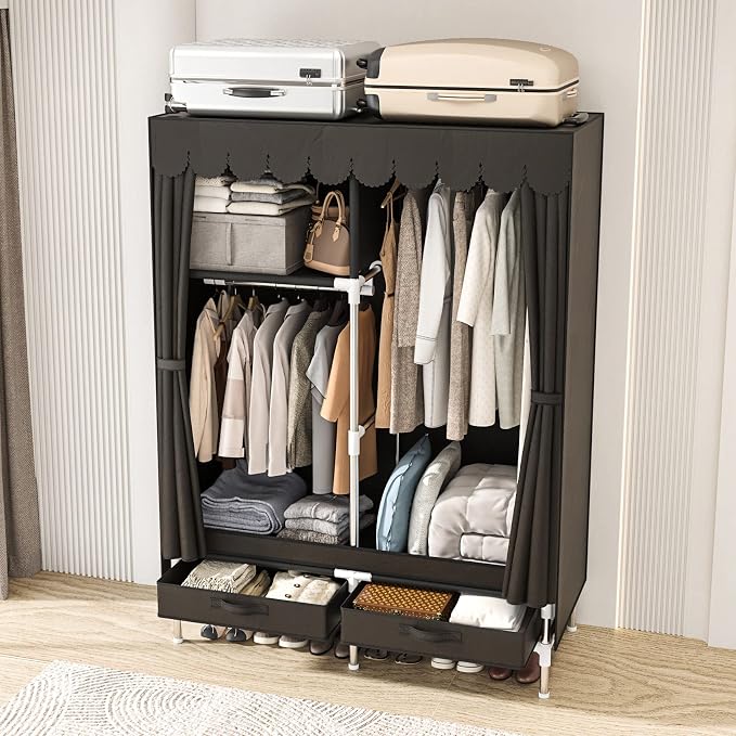Portable Wardrobe Closet for Bedroom, Small Storage Organizer with 2 Drawers and 2 Hanging Rods, Includes Dust Cover.(Brown, 39.3 in)