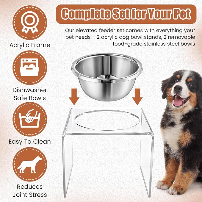 Ziliny 2 Set Acrylic Elevated Dog Bowls Stand 6.3" Tall Pet Acrylic Feeder Come with 2 Removable Stainless Steel Bowls for Large Dogs, Raised Durable Dog Bowl Pet Feeding Station