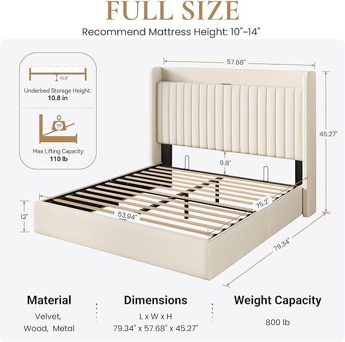 SHA CERLIN Full Size Lift Up Storage Bed Frame, Charging Station, Cream | Storage Headboard with Charging Station, USB, Type-C Port Velvet Hydraulic Storage Bed No Box Spring Needed Noise Free