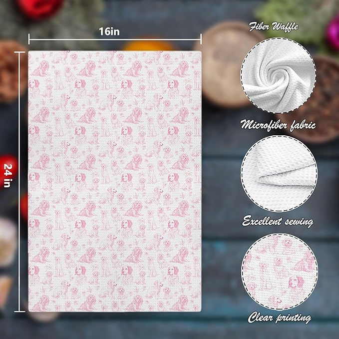 Pink Chinoiserie Dog Floral Decor Kitchen Towels，Pink Animal Print Grandmillennial Decorative Dish Tea Towels,Dog Gifts for Kitchen Bathroom Decor,16x24 Inch