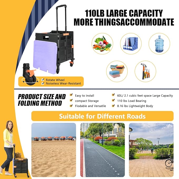 Foldable Utility Cart Portable Rolling Crate Handcart Shopping Trolley Collapsible Tool Box with Rotate Wheels Durable Duty Plastic Telescoping Handle Lid for Travel Move Office School(Purple)