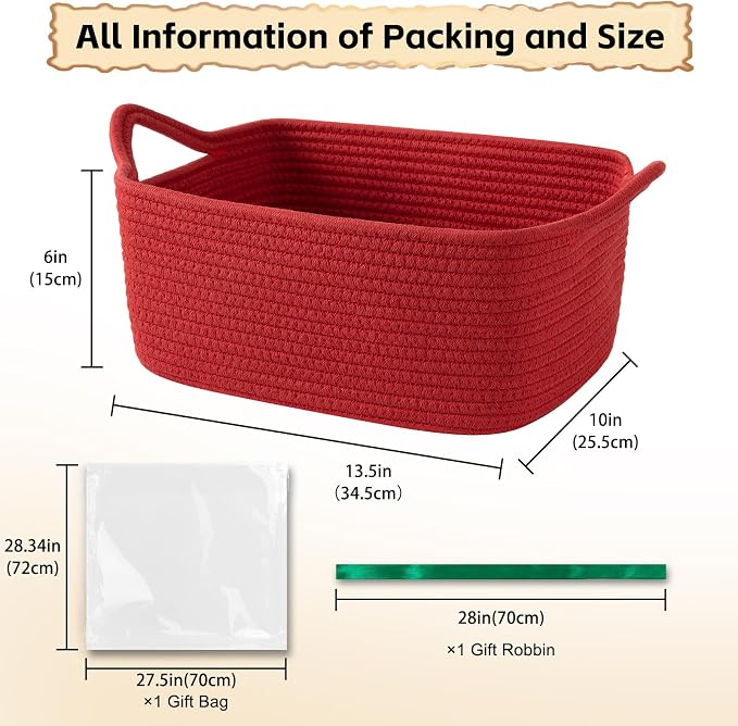 OIAHOMY Woven Basket, Gift Basket Empty with Gift Bags and Ribbons, Rope Baskets for Baby Showers, Storage Baskets with Handles for Nursery, Pet Toy Organizer - Red