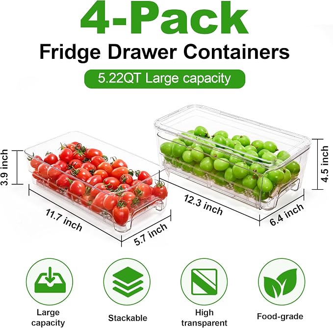 Fruit Storage Containers for Fridge with Pull-Out Organizer Bins, 4 pack | Stackable Pull-Out Drawers with Lids & Drain Trays, Large 5.22Qt, Keep Fruit Berry Veggie Salad Fresh Longer for Refrigerator