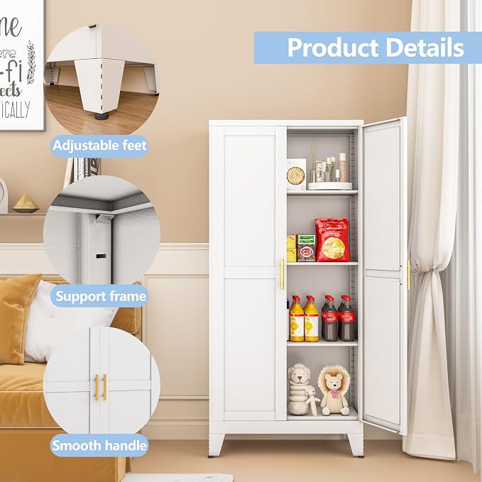 White Kitchen Pantry Cabinets, 48" Metal Storage Cabinet for Office | Steel Kitchen Pantry Storage with Doors and 3 Adjustable Shelves, for Office, Home, Garage, School