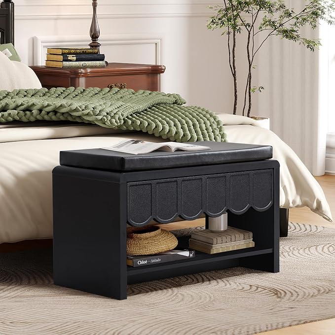 ORRD Shoe Storage Bench with Cushion, Shoe Rack Organizer Cabinet Bench with Wave Panel Drawer and Open Shelf for Entryway, Hallway, Living Room (Black)