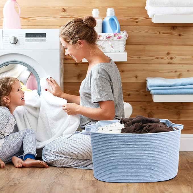 XUANGUO Large Rectangle Woven Cotton Rope Blanket Basket 22"x17"x12" Blue | Storage basket for living room; toy basket for kids, dog toy storage, laundry basket for clothes and towels, or gift basket.