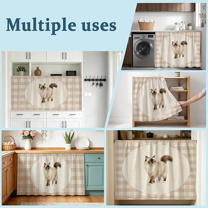 Ragdoll Cat Cabinet Curtain 32"Wx55"L, Dustproof Pantry Door Curtain with Self Adhesive Tape, Vintage Linen Plaid Farmhouse Pet Cats Tall Storage Cover Privacy Drape for Bathroom Kitchen Laundry Room