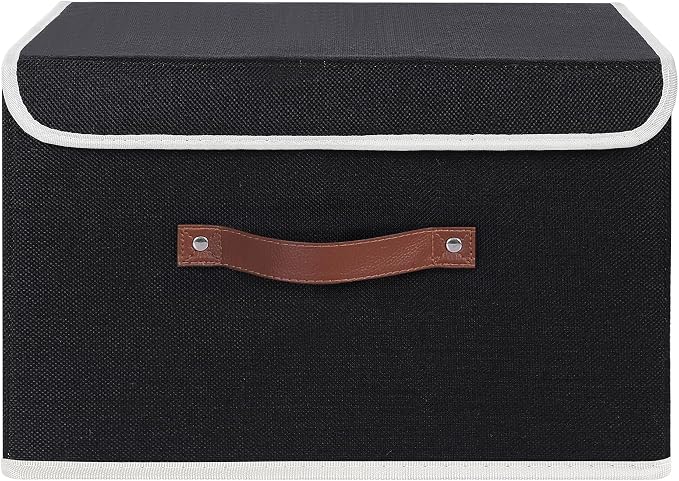 ANMINY Fabric Storage Box Bins with Lids, Black, 15"x10"x10" | Keepsake Memory Storage, Cotton Linen, PP Board Reinforced, Washable, PU Handles, Foldable & Stackable, Decorative, Large