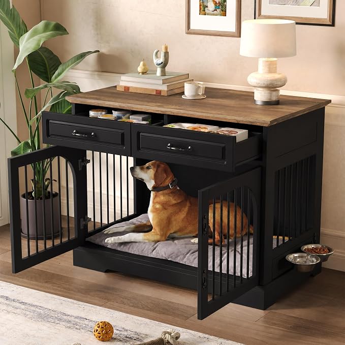 Merax 43.3" Farmhouse Dog Crate Furniture with Rotating Bowls & Drawers – Wooden Indoor Pet Kennel Side Table with Metal Bars – Stylish Dog House for Medium to Large Breeds, Black & Brown