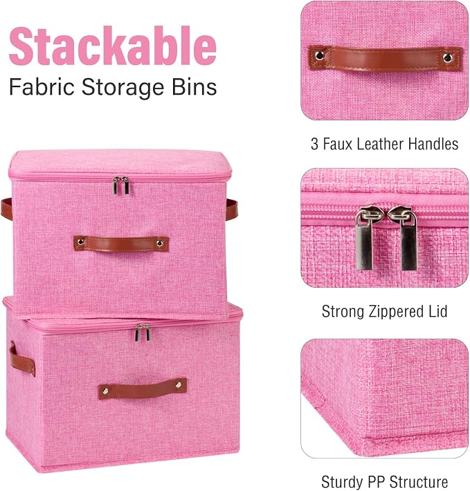3PCS Storage Bins Boxes with Zippered Lid Decorative Baskets | Cotton Linen Fabric, Washable Foldable Stackable Clothes Container, Closet Shelf Organizer w/ PU Leather Handles, Pink-Large