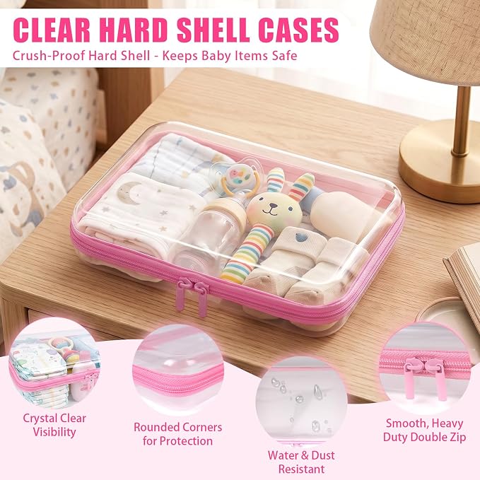 5 Pack Clear Hard Shell Zipper Diaper Bag Organizer Pouches (Pink)
