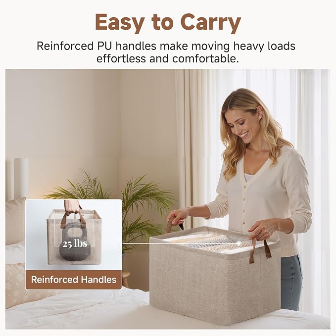 StorageWorks Fabric Storage Bins, Brown and Beige, Extra Large, 2-Pack | 45L, With Reinforced PU Handles, Metal Frame, Collapsible, Storage Basket for Shelves, Closet, Holds Clothes, Towels, Blanket