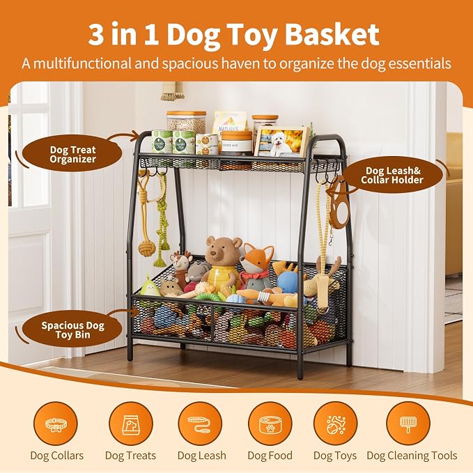 Lomivra Full Metal Dog Toy Basket, 23.6"x11.2"x7.9" Large Dogs Toy Bin with Storage Organizer, Chew-Resistant Toy Box for Dog Stuff Accessories, Pet Toy Storage Holder for Cat Dogs Essential Supplies