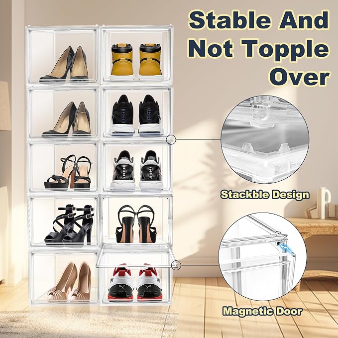 1 Pack Clear Shoe Boxes with Acrylic Drop Front Magnetic Door, Size 12 | Stackable Shoe Organizer for Sneaker Collection, Space-Saving Plastic Shoe Storage Box for Closet, Entryway, Bedroom